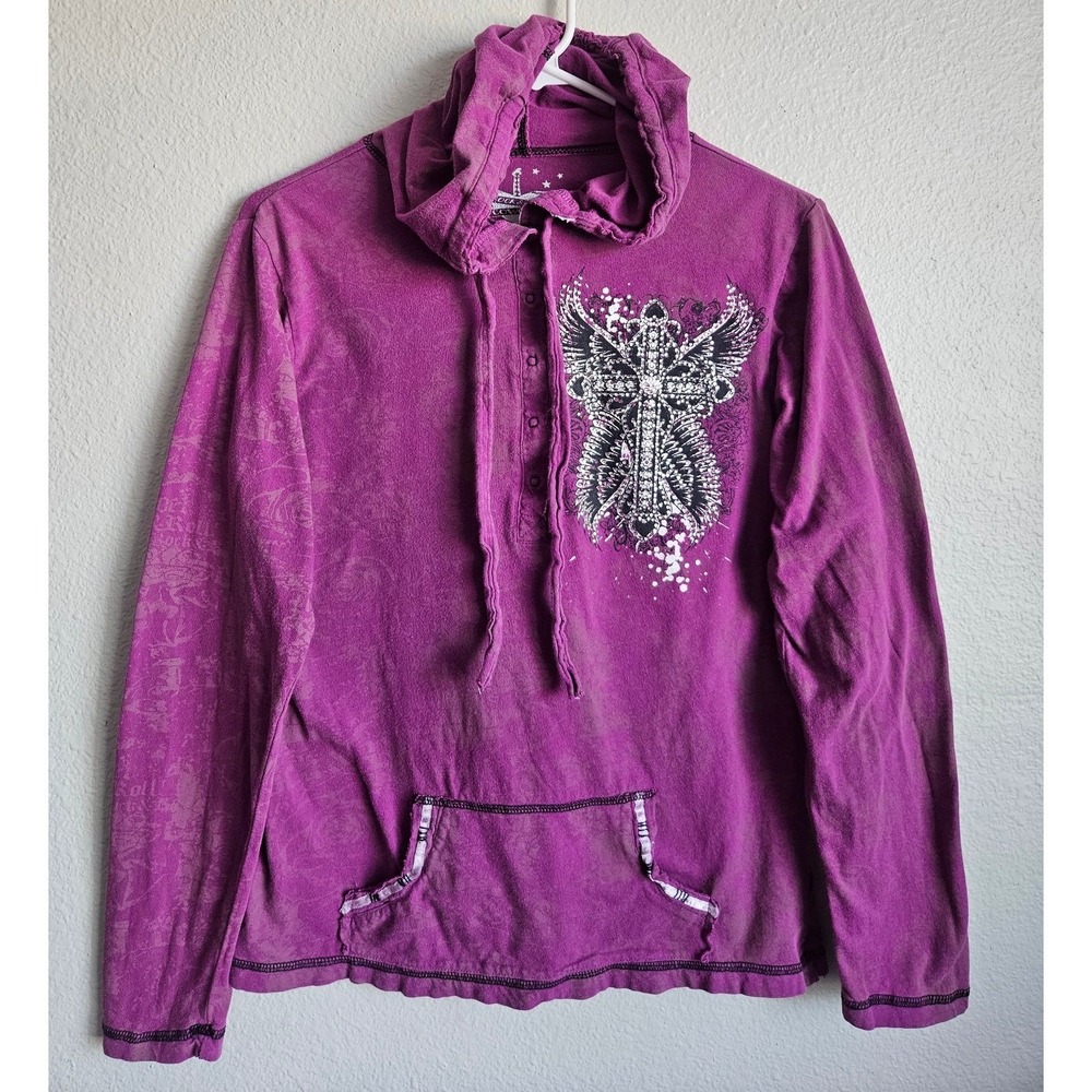 Rock and Roll Cowgirl Embellished Cross Rhinestone Bling Y2K Sz Large Purple